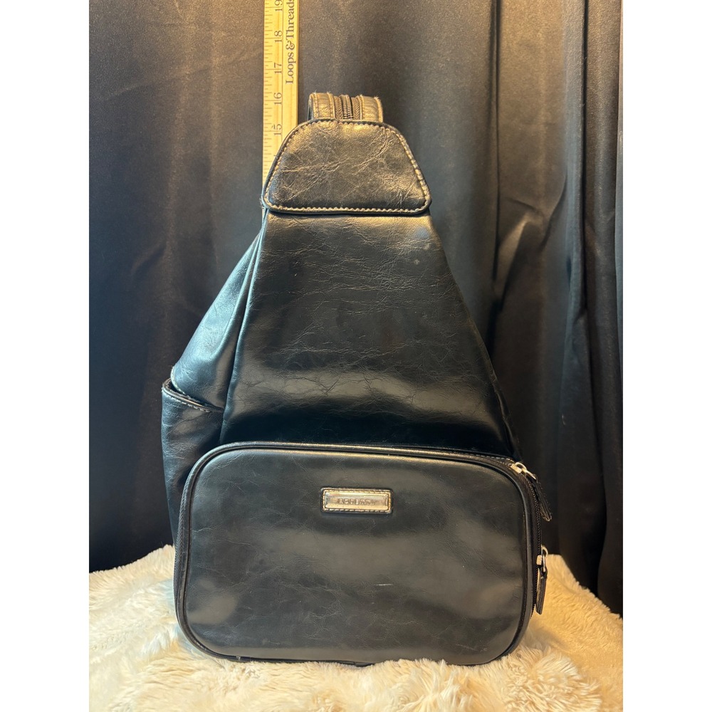 Rosetti Black Faux Leather Sling Backpack Crossbody Bag Triangle Shape